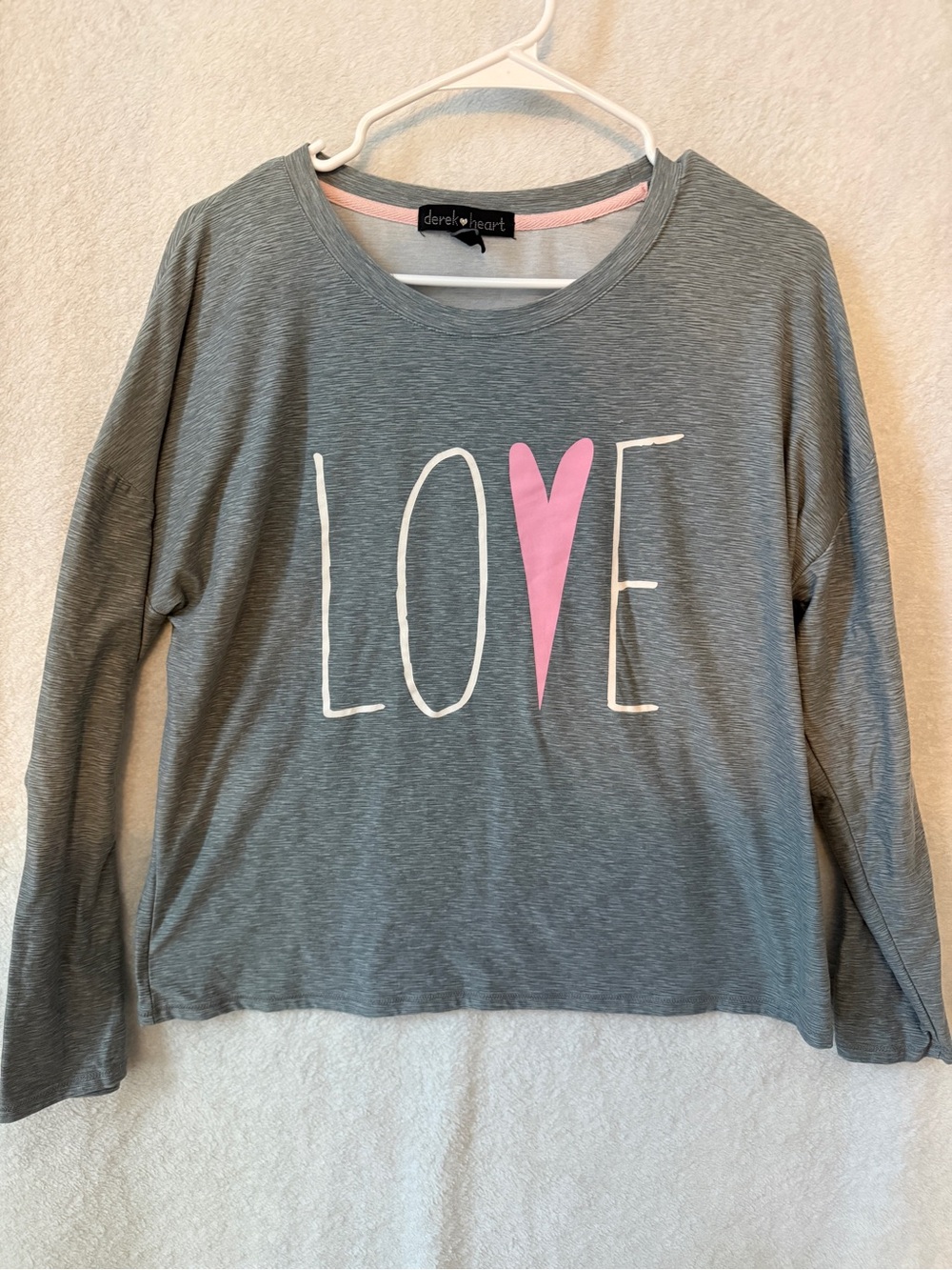 Derek Heart Heather Gray Long-Sleeve Top with Pink Heart LOVE Graphic